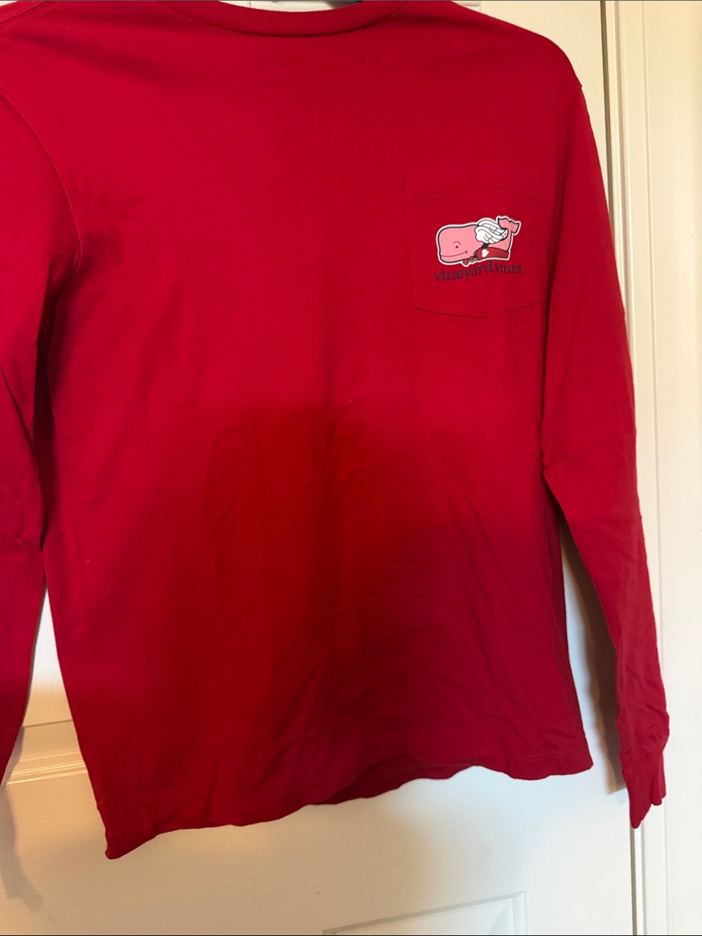 Vineyard Vines Kids Red Long Sleeve Pocket Tee with Whale Patch
